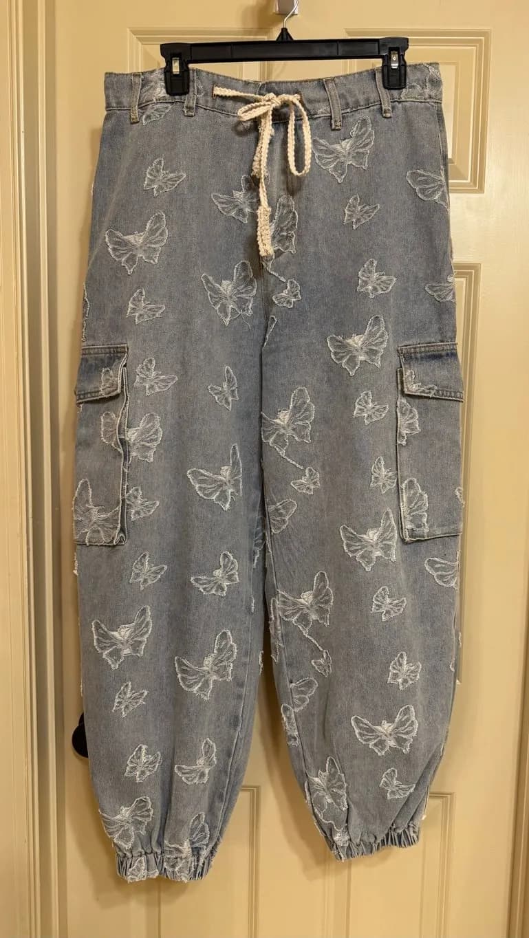 POL Denim Cargo Joggers with White Butterfly Embroidery