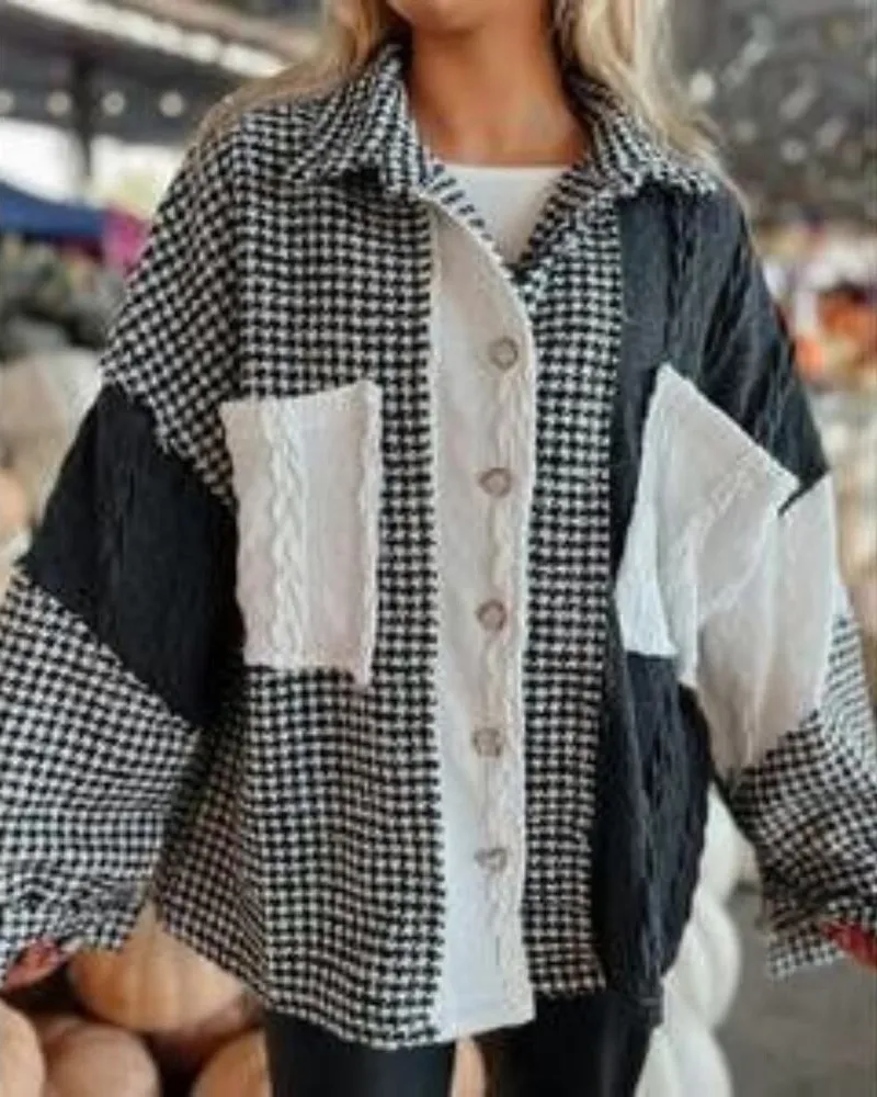POL Houndstooth Sweater Shacket Black & Cream Oversized Patchwork Shirt Jacket S