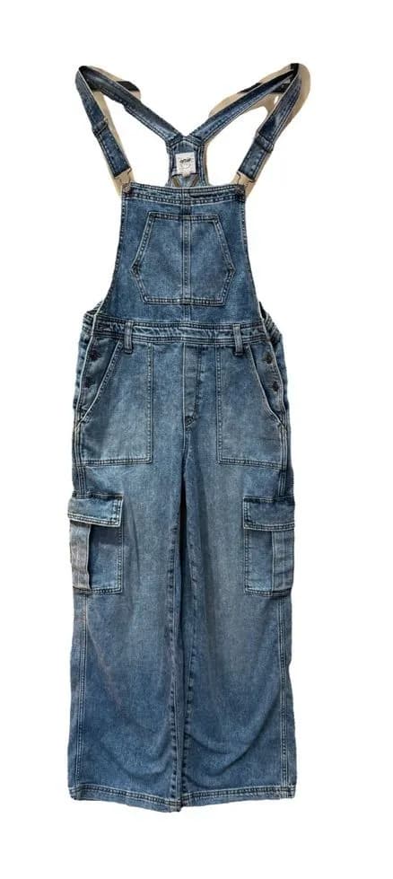 Aerie Baggy Cargo Denim Wide Leg Overalls Medium Wash Adjustable Straps