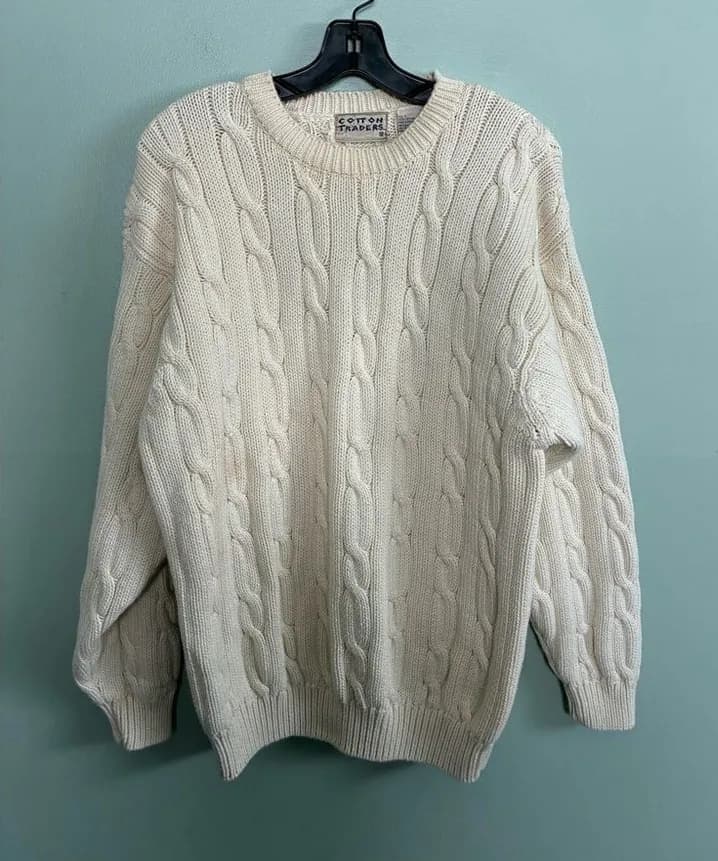 VTG Cotton Traders Women’s Cotton Oversized Cream Cable Knit Crew Sweater Sz L Size L