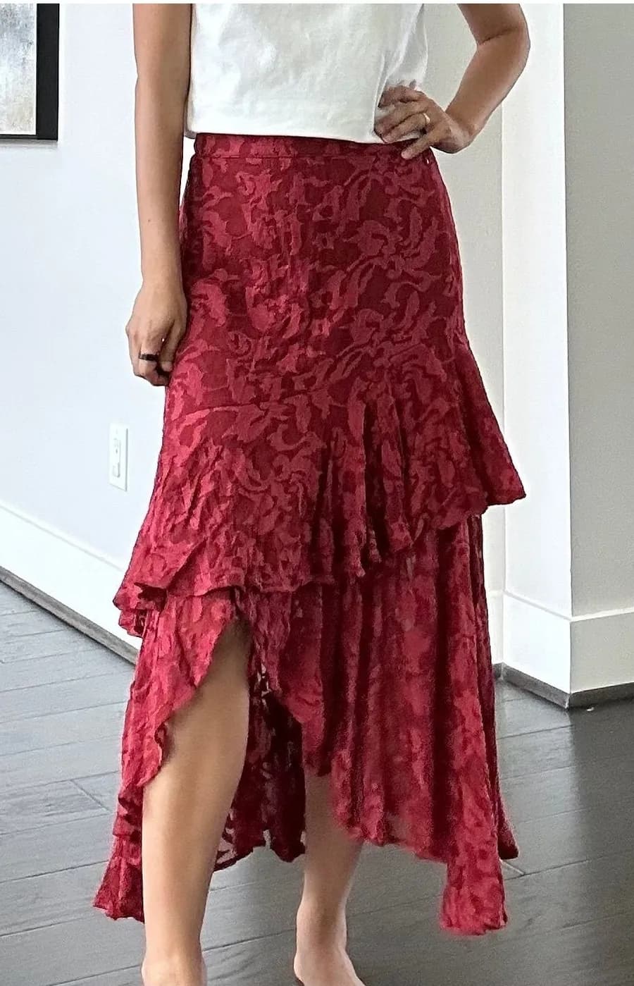 Sundance Red Lace High Low Ruffle Skirt Size Small
